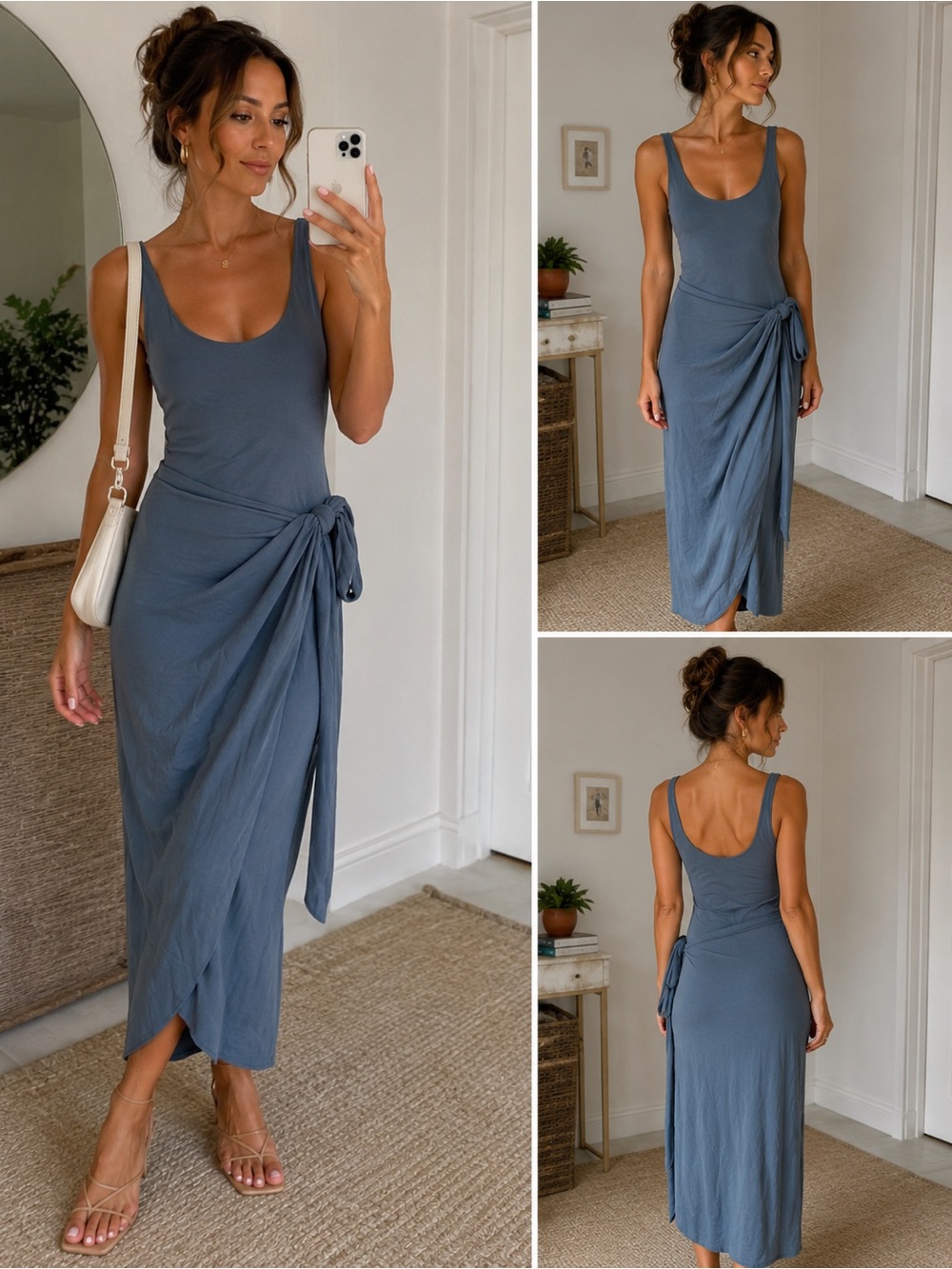 Wilfred Aritzia XS Slate Blue Draped Tie Waist Sleeveless Midi Maxi Dress